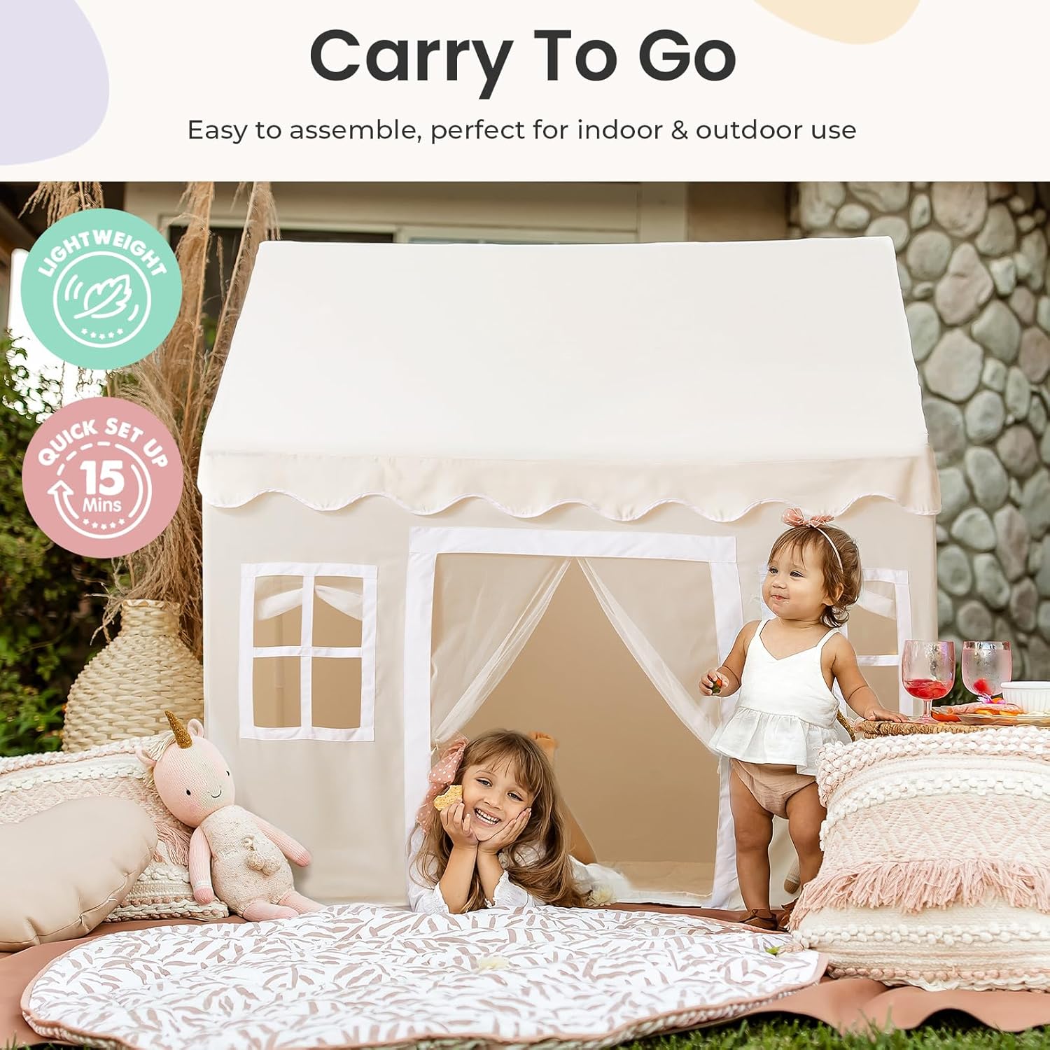 Tiny Land Play Tent with Padded Mat & LED Lights, Kids Tent, Playhouse for Kids, Indoor Bed Tent for Toddler, Toys for 3,4,5,6-Year-Old Girls, Neutral Color Play Room Furniture - Image 7