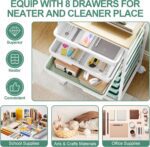 Storage Cart with 8 Drawers, Utility Cart with White Drawers and Wooden Tabletop, Craft Cart, Teacher Organization for Classroom, Storage Furniture, Office Organization, Green - Image 4