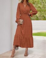 BTFBM Women Fall Maxi Dresses 2025 Long Sleeve V Neck Swiss Dots High Waisted A-Line Ruffle Boho Long Dress Vacation - Image 4