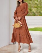 BTFBM Women Fall Maxi Dresses 2025 Long Sleeve V Neck Swiss Dots High Waisted A-Line Ruffle Boho Long Dress Vacation - Image 5