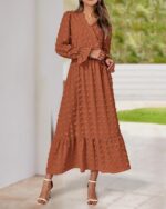 BTFBM Women Fall Maxi Dresses 2025 Long Sleeve V Neck Swiss Dots High Waisted A-Line Ruffle Boho Long Dress Vacation - Image 6