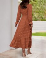 BTFBM Women Fall Maxi Dresses 2025 Long Sleeve V Neck Swiss Dots High Waisted A-Line Ruffle Boho Long Dress Vacation - Image 7