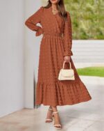 BTFBM Women Fall Maxi Dresses 2025 Long Sleeve V Neck Swiss Dots High Waisted A-Line Ruffle Boho Long Dress Vacation - Image 8