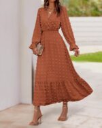 BTFBM Women Fall Maxi Dresses 2025 Long Sleeve V Neck Swiss Dots High Waisted A-Line Ruffle Boho Long Dress Vacation - Image 9
