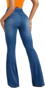 Knit Stretchy Jean Leggings for Women with Crossover High Waisted Bell Bottom Yoga Pants Flare Leggings with Pockets - Image 3