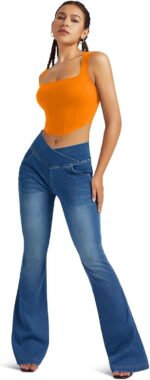 Knit Stretchy Jean Leggings for Women with Crossover High Waisted Bell Bottom Yoga Pants Flare Leggings with Pockets - Image 5