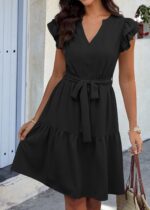 KIRUNDO Women Flutter Sleeve Summer Dress 2025 Spring V Neck Ruffle Flowy Tiered Knee Length Belted Beach Vacation Sundress - Image 5