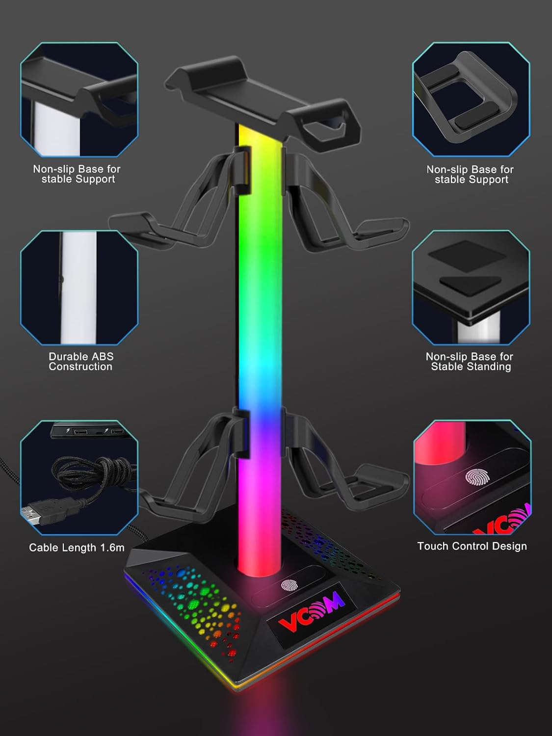 VCOM RGB Gaming Headphones Stand with 2 USB and 1 Type-C Ports, Headset Stand with 10 Light Modes and Non-Slip Rubber,Suitable for All Earphone Accessories, Best Gift for Desk Gamers - Image 6