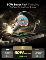 60W USB C Car Charger Fast Charge PD& QC3.0 with 5ft 30W Type C Coiled Cable, Car Phone Charger Adapter for iPhone 17/16/15 Pro Max Plus, Samsung Galaxy S25/S24/S23, Pixel/Moto/LG/Android, iPad Pro - Image 3