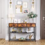 Furologee Entryway Table, 38'' Console Sofa Table with 3 Fabric Drawers, Industrial Entry Way Table with Storage Shelves, Display Shelf for Living Room, Hallway, Entrance, Foyer, Rustic Brown - Image 3