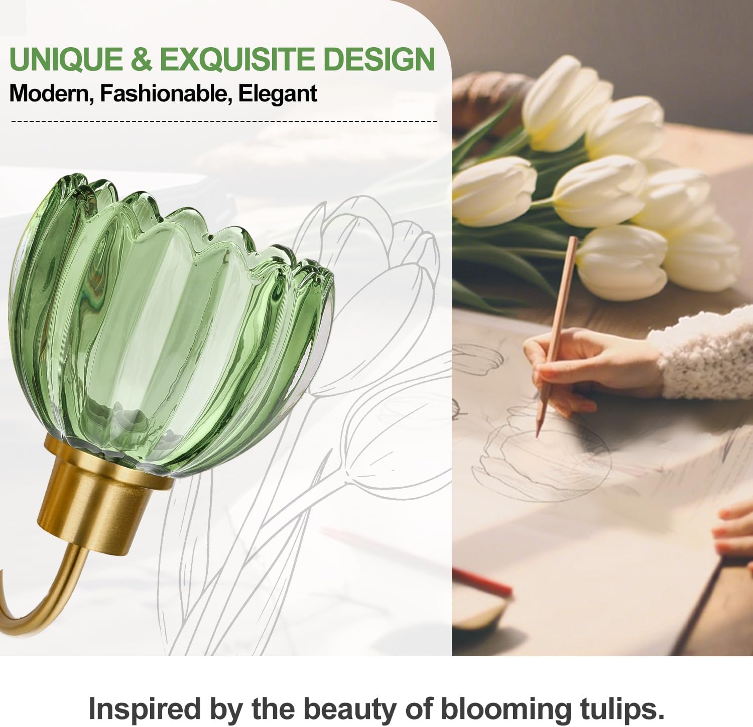 Bathroom Light Fixtures (3-Light, 20 in), Brushed Gold Vanity Lights for Bathroom with Ribbed Green Tulip Glass Shade, Vintage Vanity Wall Lights for Mirror Bedroom Living Room Hallway - Image 7
