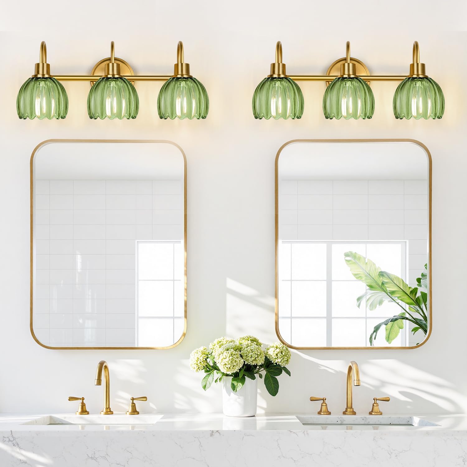 Bathroom Light Fixtures (3-Light, 20 in), Brushed Gold Vanity Lights for Bathroom with Ribbed Green Tulip Glass Shade, Vintage Vanity Wall Lights for Mirror Bedroom Living Room Hallway - Image 8