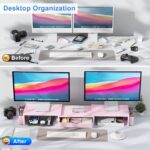 gianotter Dual Monitor Stand Riser, Desk Organizer With Drawer and 2 Pen Holders,Desk Organizers and Accessories, Pink Office Supplies (Pink) - Image 3