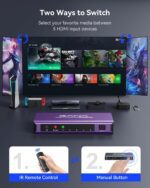 HDMI Switch 5 in 1 Out 4K@60Hz, GANA HDMI Splitter Switcher with Remote, Aluminum HDMI 2.0 Switch Box Hub for 3D, HDCP2.2, HDR, Compatible with Xbox, PS5/4/3,Fire Stick,Roku,Blu-Ray Player, Purple - Image 5