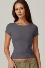 QINSEN Women's Crew Neck Short Sleeve Tees Double Lined Slim Fit T Shirt Basic Y2K Tops - Image 5