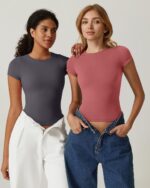 QINSEN Women's Crew Neck Short Sleeve Tees Double Lined Slim Fit T Shirt Basic Y2K Tops - Image 6