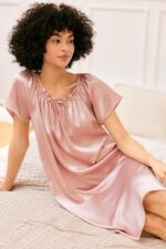 Ekouaer Women's Satin Silk Pleated Nightgown Loose Sleepwear Printed Nightshirt Short Sleeve Sleep Dress - Image 3