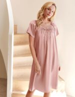Ekouaer Women's Satin Silk Pleated Nightgown Loose Sleepwear Printed Nightshirt Short Sleeve Sleep Dress - Image 5