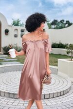 Ekouaer Women's Satin Silk Pleated Nightgown Loose Sleepwear Printed Nightshirt Short Sleeve Sleep Dress - Image 6