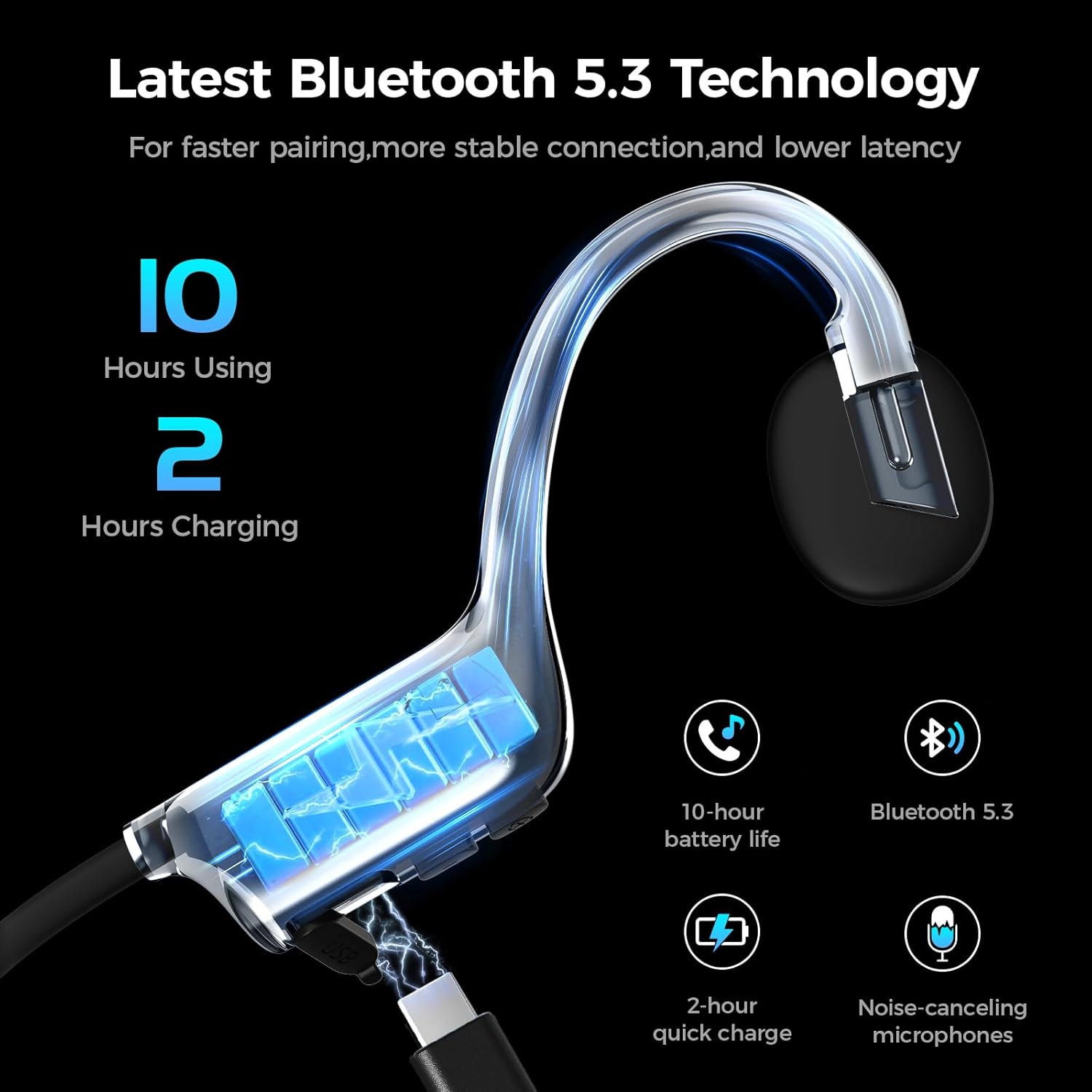 Bone Conduction Headphones, Wireless Bluetooth Open-Ear Sports Headphones with Mic, Type-C Quick Charging Long Battery Life, Upgrade Waterproof Earphones for Running, Walking, Cycling, Workout, Gift - Image 6