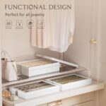 Lolalet Jewelry Organizer Tray with Lid, 18 Hooks Velvet Necklace Organizer Holder Storage Box for Drawer -Beige - Image 3