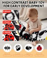Tummy Time Toys, High Contrast Baby Book with Mirror & Teether, Black and White Infant Books, 0-6-12 Months Soft Book for Newborn, Sensory Books, Tummy Time Car Seat Toys 0-6 Month Boy Girl Gift - Image 5