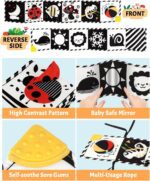 Tummy Time Toys, High Contrast Baby Book with Mirror & Teether, Black and White Infant Books, 0-6-12 Months Soft Book for Newborn, Sensory Books, Tummy Time Car Seat Toys 0-6 Month Boy Girl Gift - Image 7