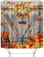 AZHM Thanksgiving Shower Curtain Set, Fall Pumpkin Shower Curtain for Bathroom, 4PCS Wooden Door Background Bathroom Decor Set - Image 3