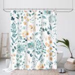 Long Shower Curtain 72 x 78 Inch, Tall Teal Floral Shower Curtains for Bathroom, Turquoise Watercolor Flower Butterfly Fabric Shower Curtain Set with Hooks - Image 3
