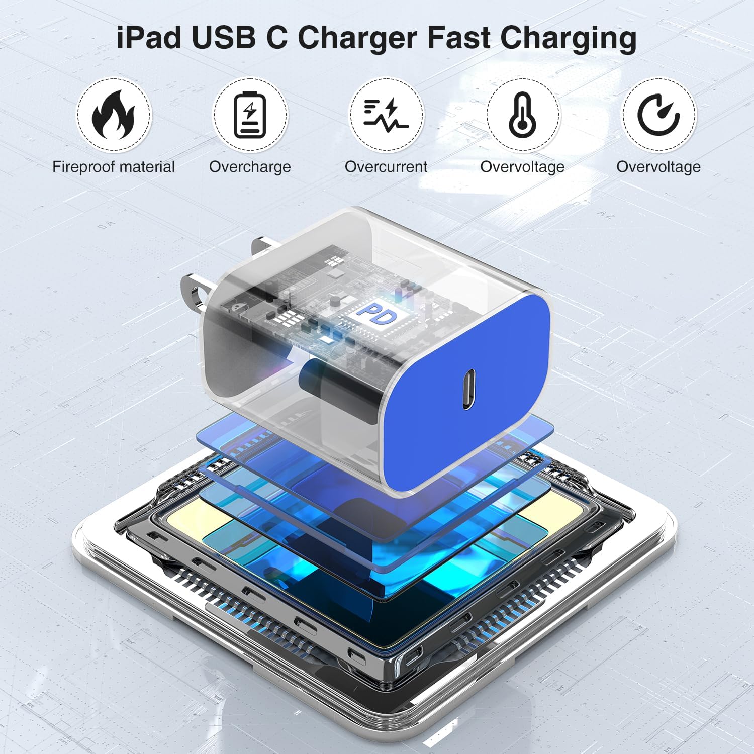 iPhone 16 15 Fast Charger 10ft, USB C Charging Block and Long Type C to C Cable Cord, Wall Plug Power Adapter Cube Brick for Apple 16 Pro Max/16 Pro/15 Plus/15 Pro Max/iPad 12.9/11 inch/Air/Mini-Blue - Image 4