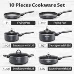 Induction Cookware Pots and Pans Set 10 Piece, BEZIA Dishwasher Safe Nonstick Cooking Pans, Stay-Cool Bakelite Handle, Scratch Resistant Kitchen Sets with Frying Pans, Saucepans & Stockpot (Black) - Image 3