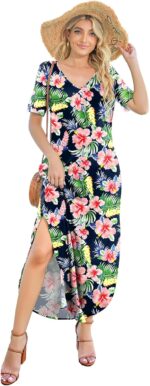 Women's Casual Loose Sundress Short Sleeve V Neck Long Dress Split Maxi Summer Beach Dress with Pockets - Image 3