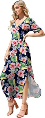 Women's Casual Loose Sundress Short Sleeve V Neck Long Dress Split Maxi Summer Beach Dress with Pockets - Image 4