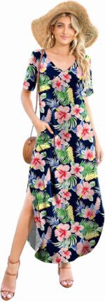 Women's Casual Loose Sundress Short Sleeve V Neck Long Dress Split Maxi Summer Beach Dress with Pockets - Image 5