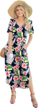 Women's Casual Loose Sundress Short Sleeve V Neck Long Dress Split Maxi Summer Beach Dress with Pockets - Image 6