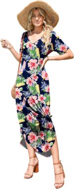 Women's Casual Loose Sundress Short Sleeve V Neck Long Dress Split Maxi Summer Beach Dress with Pockets - Image 7