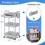 3 Tier Rolling Cart with Drawer, Bathroom Storage Organizer with 2 Lockable Wheels, Multifunctional Rolling Storage Cart for Bathroom, Kitchen, Office, Craft, Makeup, Baby Essentials, Gray - Image 3