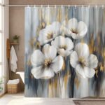 Boho Grey Gold Floral Shower Curtain, Abstract Neutral Modern Chic Aesthetic Flowers Botanical Shower Curtains for Bathroom, Minimalist Tan Gray Golden Decorative Oil Paint Bath Curtain 72X72 - Image 6