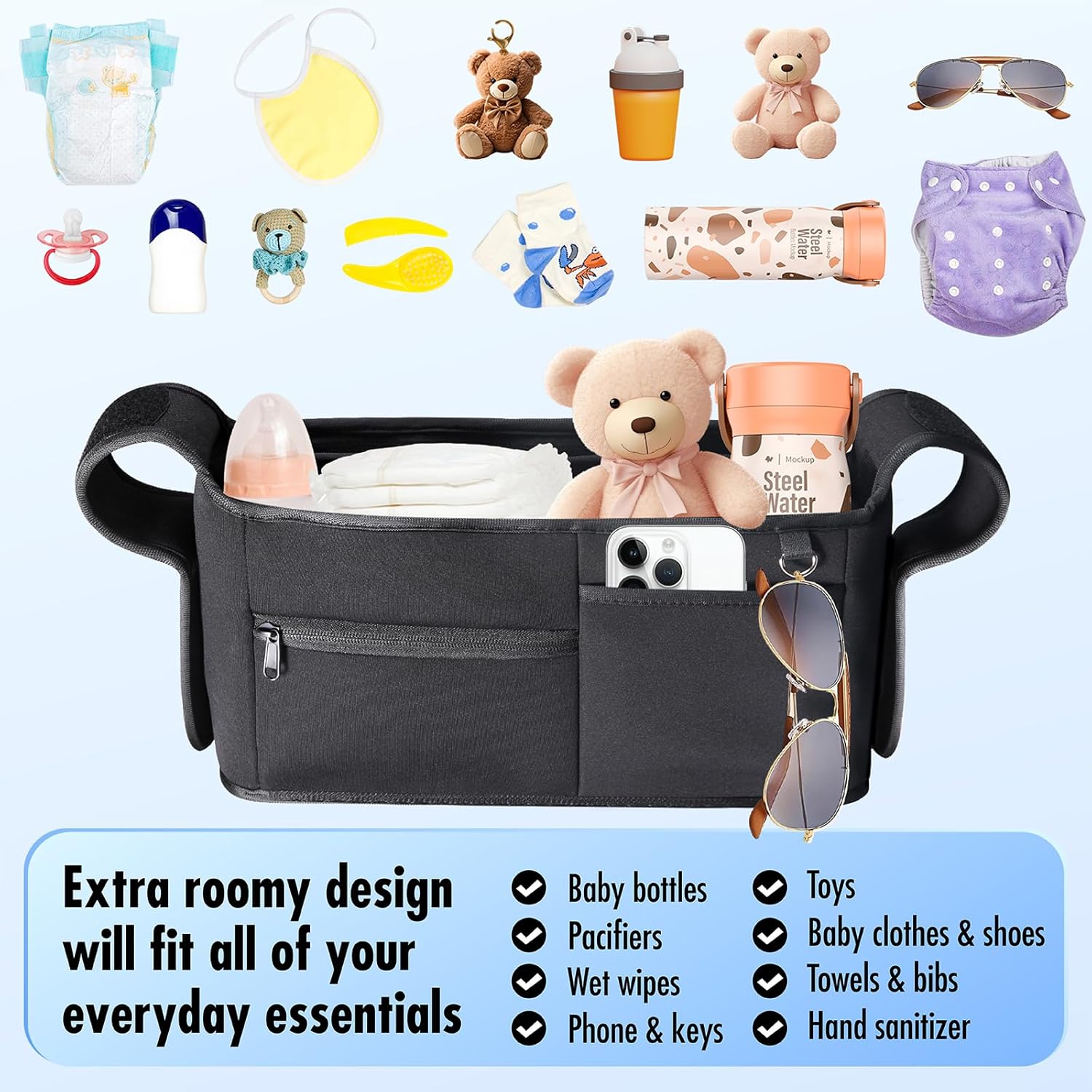 Stroller Organizer, New Fabric Design, Holds 2 Cup Holders for Baby Products, Multiple Pockets for Storing Diapers and Toys, Suitable for All Off-Road Models - Image 5