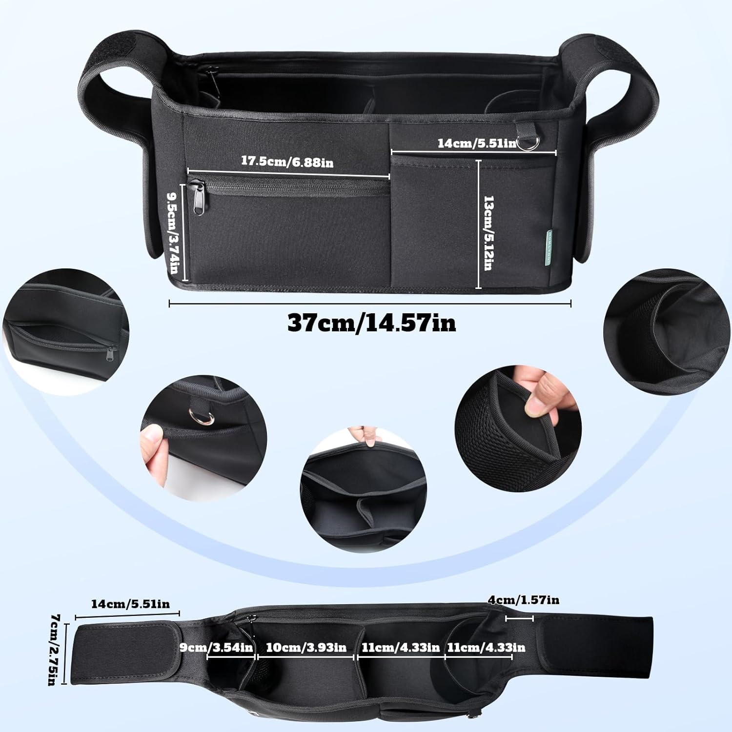 Stroller Organizer, New Fabric Design, Holds 2 Cup Holders for Baby Products, Multiple Pockets for Storing Diapers and Toys, Suitable for All Off-Road Models - Image 6