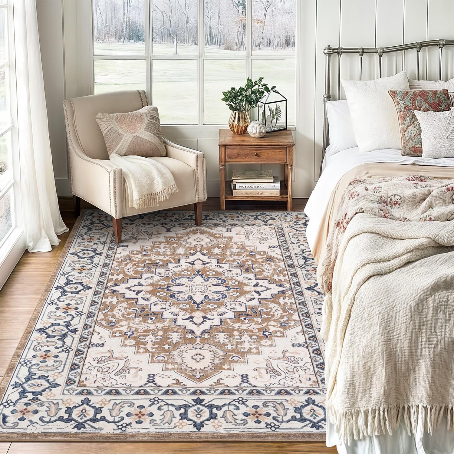 Lofus 5x7 Area Rugs for Living Room, Washable Area Rug, Rugs for Bedroom, Kitchen, Vintage Boho Carpet, Soft Non-Slip, Low Pile Large Area Rug for Office Dining Room, Floral Brown - Image 3