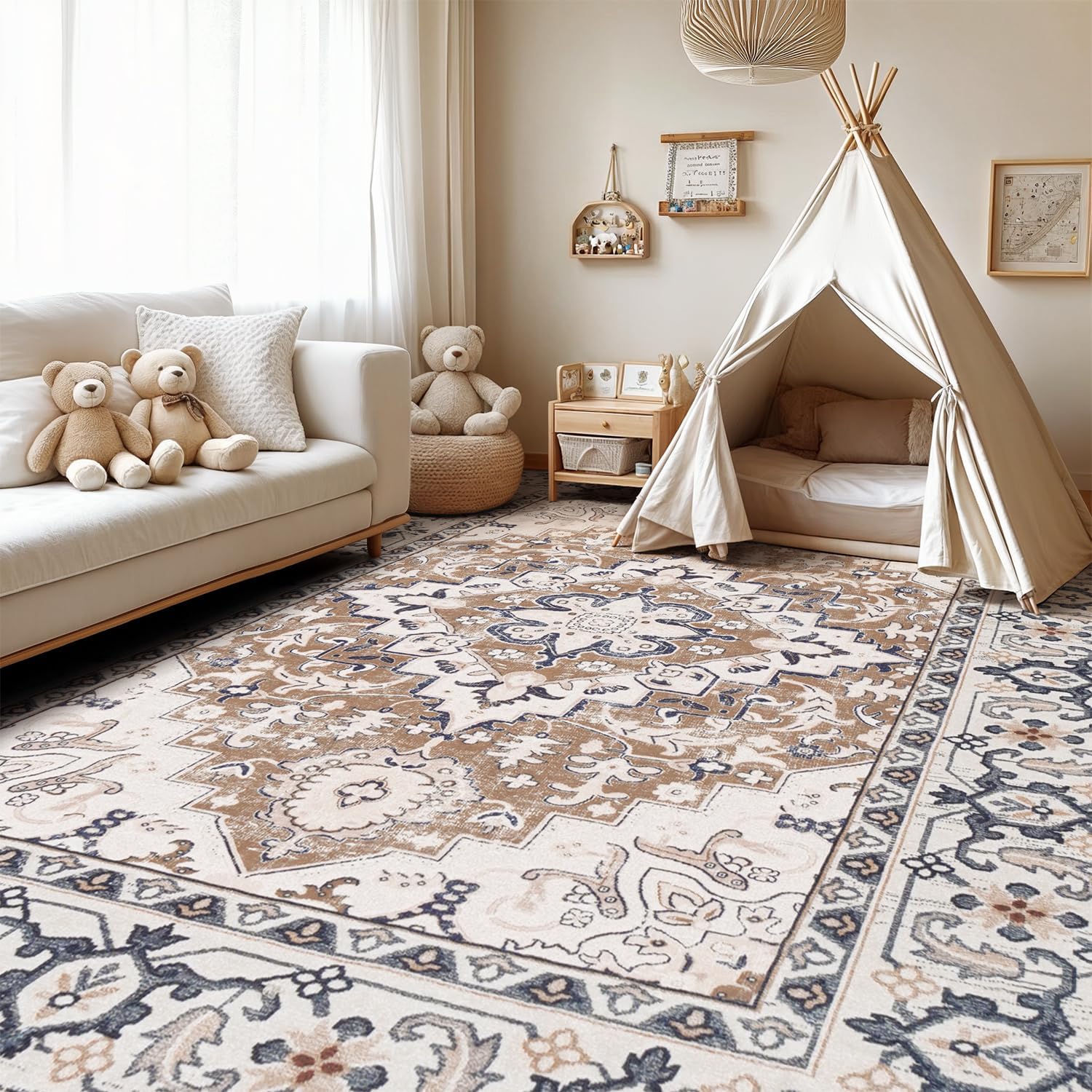 Lofus 5x7 Area Rugs for Living Room, Washable Area Rug, Rugs for Bedroom, Kitchen, Vintage Boho Carpet, Soft Non-Slip, Low Pile Large Area Rug for Office Dining Room, Floral Brown - Image 4