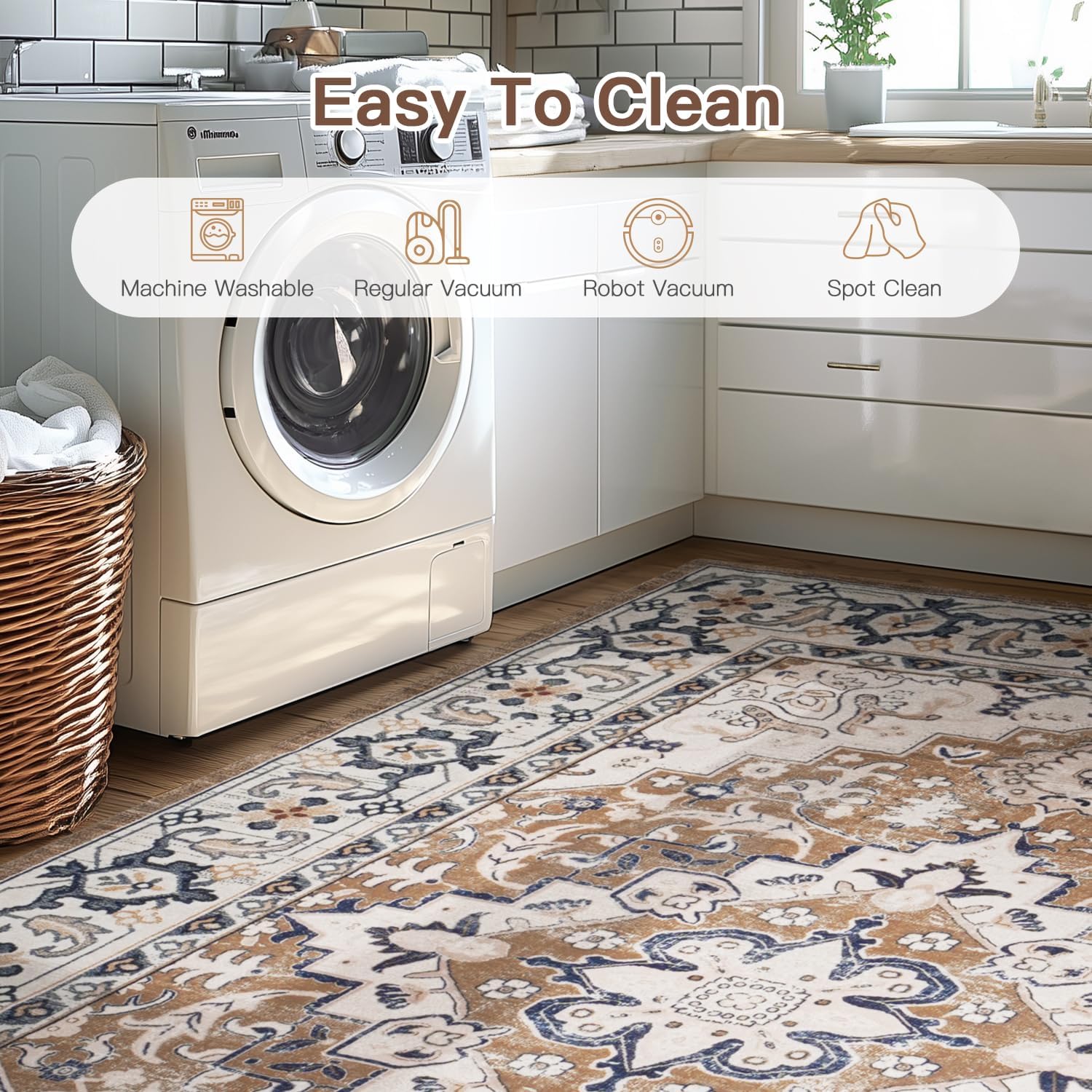 Lofus 5x7 Area Rugs for Living Room, Washable Area Rug, Rugs for Bedroom, Kitchen, Vintage Boho Carpet, Soft Non-Slip, Low Pile Large Area Rug for Office Dining Room, Floral Brown - Image 8