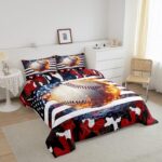 Erosebridal Baseball Comforter Set, Twin Size, Boys American Flag Quilted Duvet Camouflage Bedding for Kids Teens Adult Men, USA Federations Stars Duvet Set, Black and Red Bedroom Decor - Image 4