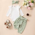fhutpw Newborn Baby Girl Clothes Rib Frill Long Sleeve Romper Daisy Flared Pants Headband Set 3pcs Fall Winter Outfits - Image 3