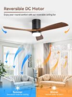 Sofucor 52 Inch Ceiling Fan with Lights and Remote, Flush Mount Low Profile Wood Ceiling Fan for Indoor Farmhouse Bedroom Living Room Outdoor Patio Porch, 3 Blades, Reversible DC Motor, Brown - Image 6