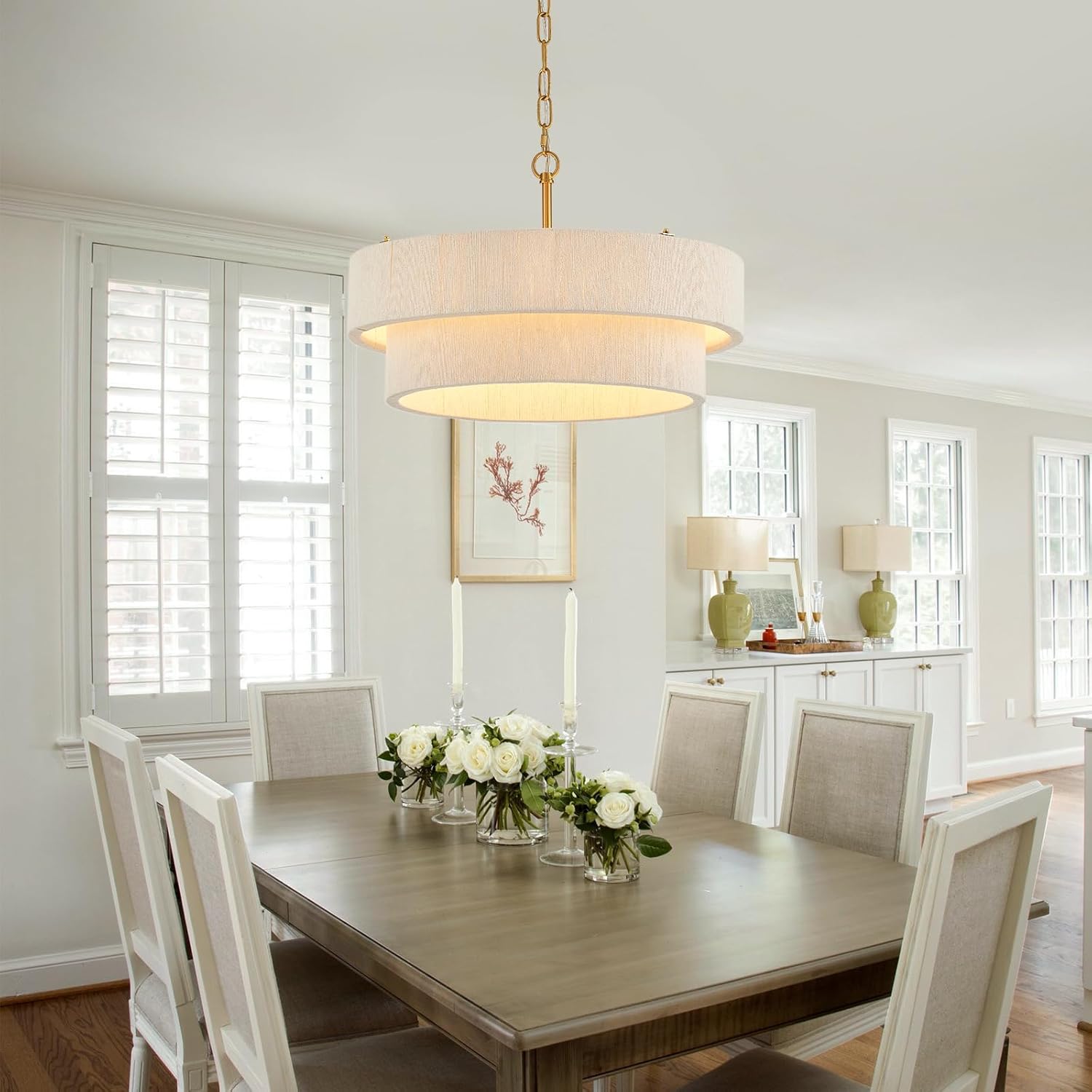 20”Hand Woven Rattan Chandelier Boho Pendant Light Adjustable Coastal Pendant Light for Kitchen Island Dining Living Room, White, UL Listed - Image 3
