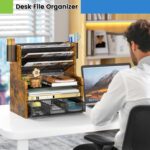 6-Tier Mesh Desk Organizer with Drawer, Wooden Office Organizer for Papers, Folders & Office Supplies - Sturdy Desktop File Holder with 2 Pen Holders - Space Saving Home Office Accessories - Image 3