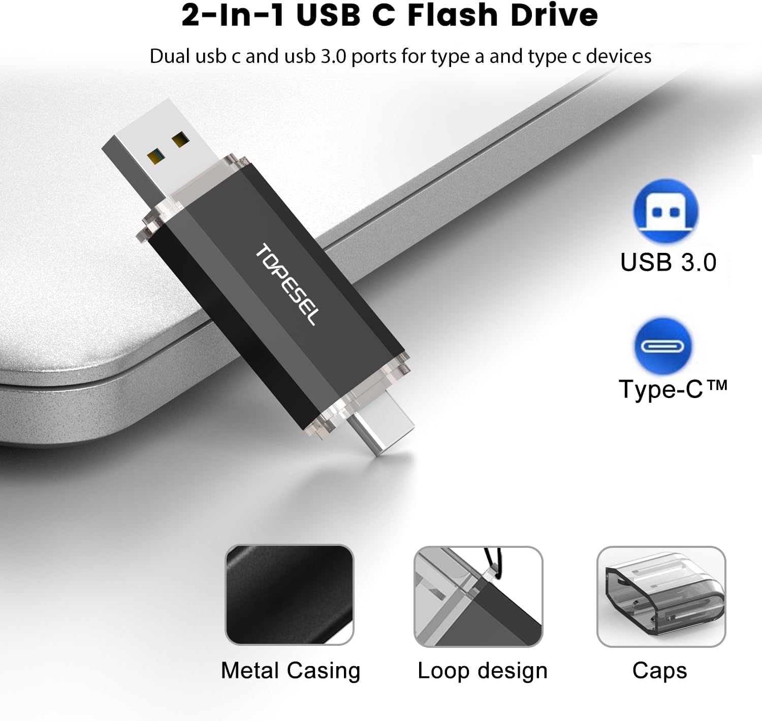 TOPESEL Type C 256GB USB C Flash Drive Dual 2-in-1 Thumb Drive USB 3.0/3.2 Gen1 Drive 256 GB USB-C Memory Stick with LED Indicator for Easy Data Sharing Between PC and Android Smartphones - Image 3