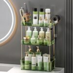 Bathroom Counter Organizer with Hair Dryer Holder, Hair Tool Countertop Storage, Cosmetics Skincare Shelf Organizer, Makeup Organizer Perfume for Dresser Vanity Tray(3 Tier-Green) - Image 3